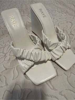 RAYE White Ruched Double-Strap Wedge Sandals